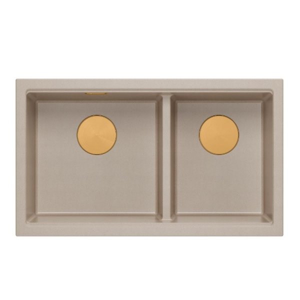 QUADRON | LOGAN 120 | granitowy zlewozmywak kuchenny PEARL BEIGE + MIEDŹ PVD | wymiar: 76 x 45 x 23,5 cm | 2-komorowy wpuszczany | podbudowa szafki od: 80 cm HQL7645U2PVDC1I