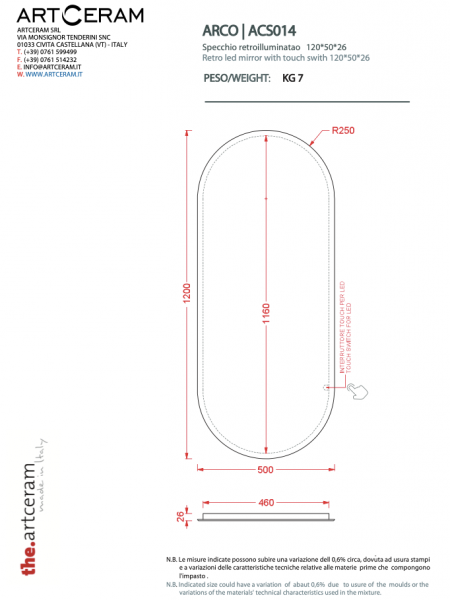 Artceram ACS014 ARCO 120 lustro z podświetleniem tylnym LED