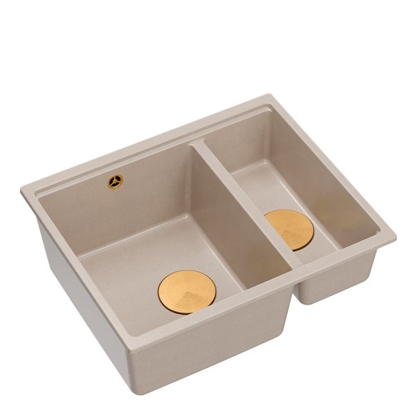 LOGAN 150 GraniteQ zlewozmywak PEARL BEIGE 56x46x22 cm 1,5-komorowy b/o podwieszany + syfon manualny miedź save space HCQL5646U2C1U