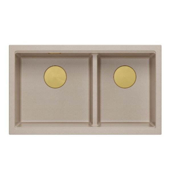 QUADRON | LOGAN 120 | granitowy zlewozmywak kuchenny PEARL BEIGE + ZŁOTO PVD | wymiar: 76 x 45 x 23,5 cm | 2-komorowy podwieszany | podbudowa szafki od: 80 cm HQL7645U2PVDG1U