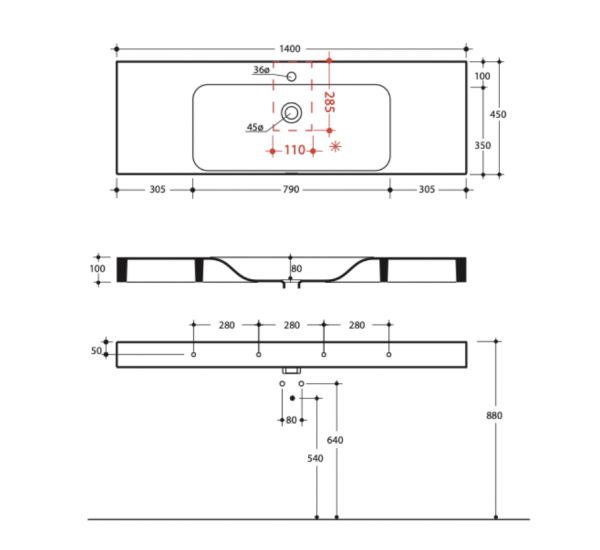 Kerasan 353501 CENTO umywalka 140X45 SOSP/z/o bianco