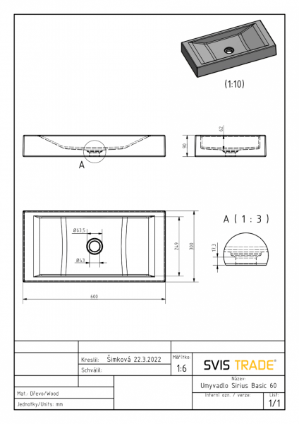 S.V.I.S. Design UMYWALKA 60 CM SIRIUS BUK LAKIER BŁYSZCZĄCY NATURALNY
