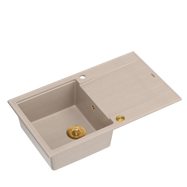 Quadron EVAN 111 GraniteQ zlewozmywak z syfonem Push 2 Open 1-komorowy z/o (860x500x210) pearl beige / elementy złote HCQE8650U2PVDG1P2O