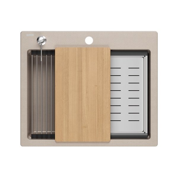 Quadron KURT 110 WORKSTATION GraniteQ zlewozmywak granitowy pearl beige 1-komorowy z/o (59,5x50x21,5) z syfonem i dozownik + Qmata + deska + wkładka ociekowa HCQ5052BEZP