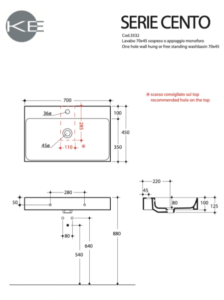 Kerasan 353259 CENTO umywalka 70X45 SOSP/z/o GRIGIO MATT