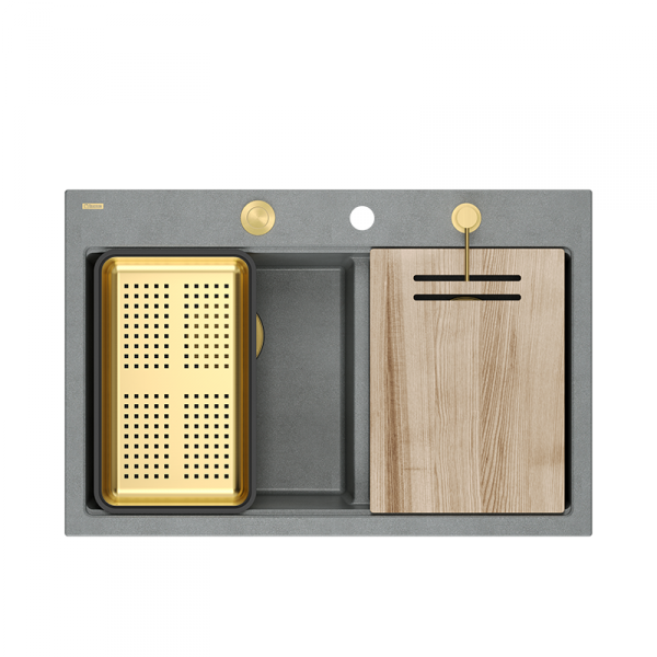 Quadron MARC 120 WORKSTATION GraniteQ zlewozmywak 2-komorowy 760*500*235 mm silver stone + syfon push to open + dozownik + deska + wkładka / elementy złote HQC7650U5PVDG1