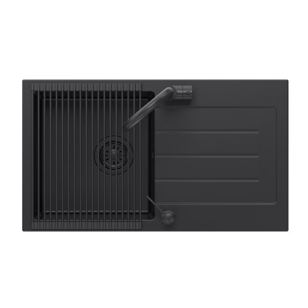 Quadron Zestaw JOHNNY 111 PURE CARBON zlewozmywak granitowy z baterią, dozownikiem i zwijaną matą – jednokomorowy, wpuszczany, pure carbon/elementy czarne, bateria pure carbon, dozownik pure carbon, Qmata pure carbon HCQJ7744BLMBDRPC