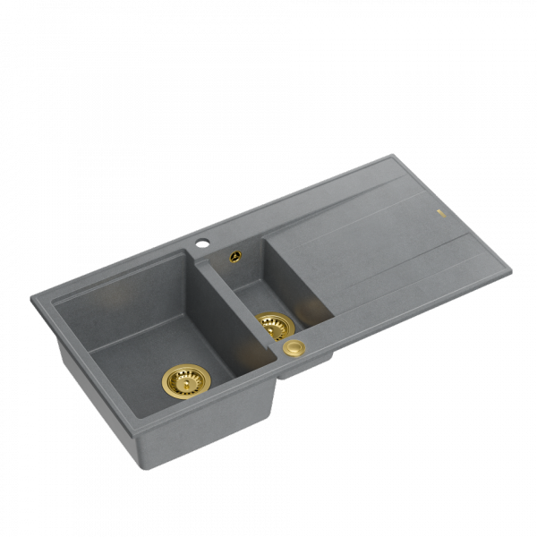 QUADRON EVAN 156 GraniteQ zlewozmywak z syfonem Push To Open 1,5-komorowy z/o (1000x500x210; kom. 420x480) silver stone / elementy złote HQE5510050U5PVDG1P2O
