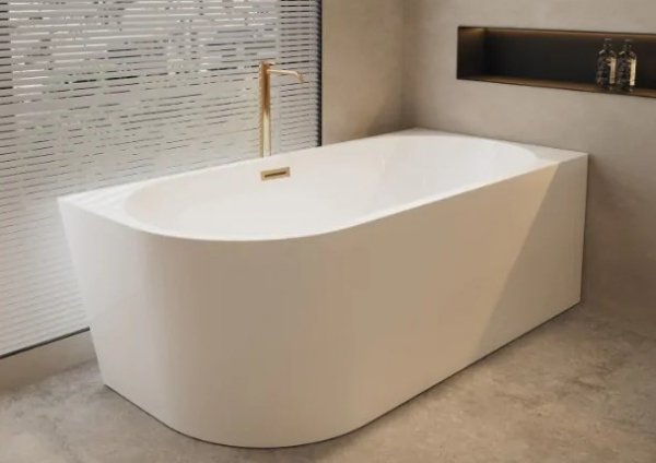 Balneo AVOLA Wanna wolnostojąca narożna prawa 160 x 80 cm biała akrylowa z ramą ze stali nierdzewnej i 6 nóżkami stabilizującymi z przelewem i korkiem miedzianym J0101060402-1