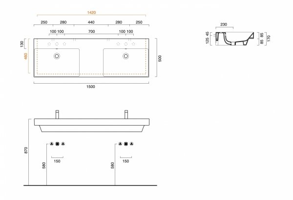 Catalano ZERO 150x50 umywalka dwukomorowa b/o (półka środkowa) z kompletem mocowań biały połysk 1150ZEDUP00/0121520001