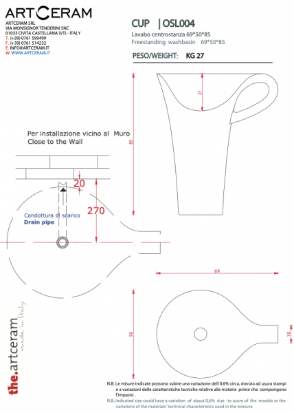 Tres Artceram OSL00401;00 CUP umywalka kubek wysoki LIVINGTEC® / BIANCO jednolity
