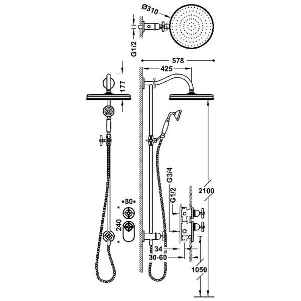 TRES CLASIC Zestaw baterii termostatycznej podtynkowej 1-drożnej Block System prysznicowej 24235203LM