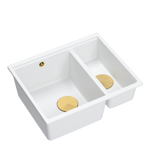 QUADRON | LOGAN 150 | granitowy zlewozmywak kuchenny BIAŁY + ZŁOTO PVD | wymiary: 55,5 x 46 x 22 cm | 1,5-komorowy podwieszany | podbudowa szafki od: 60 cm HCQL5646U1G1U