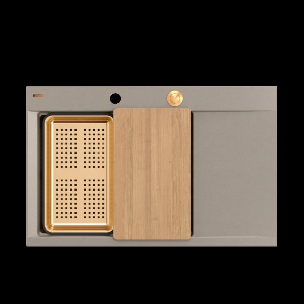 Quadron JOSH 111 GraniteQ zlewozmywak 1-komorowy z/o (780x500x215) soft taupe + syfon push 2 open + deska + wkładka/ elementy miedziane HCQJ7850U4PVDC1P2O