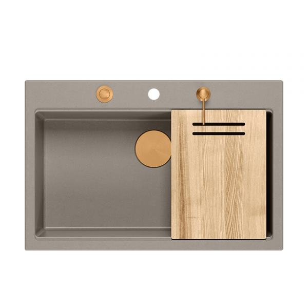 Quadron MARC 110 WORKSTATION GraniteQ zlewozmywak 1-komorowy 760*500*235 mm soft taupe + syfon push to open + dozownik + deska + wkładka / elementy miedziane HQM7650U4PVDC1