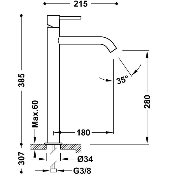 Tres Study bateria umywalkowa wysoka złoto matowe 26230801OM