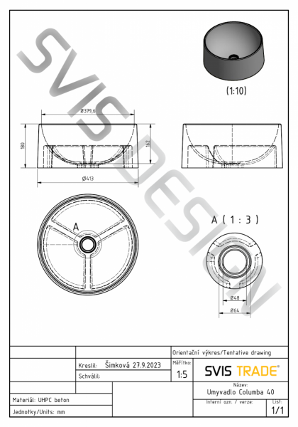 S.V.I.S. Design UMYWALKA 40 CM COLUMBA BASIC - DARK STONE NIEBIESKI, OCHRA I CZARNY, LAKIER MATOWY