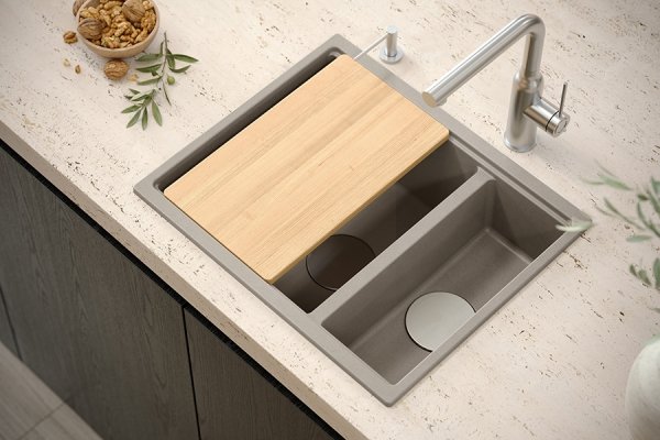 QUADRON | LOGAN 150 | granitowy zlewozmywak kuchenny SZARY + MIEDŹ PVD | wymiary: 55,5 x 46 x 22 cm | 1,5-komorowy podwieszany | podbudowa szafki od: 60 cm HCQL5646U5C1U