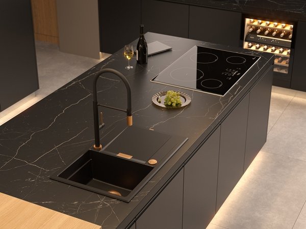 Quadron OWEN 111 GraniteQ zlewozmywak z syfonem Push 2 Open 1-komorowy z/o (760x500x215; kom. 330x430) pure carbon / elementy stalowe HQO7650U7BS