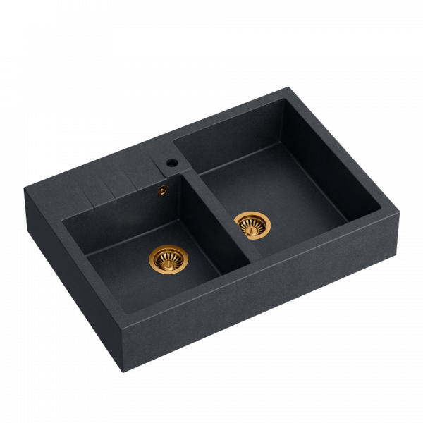 Quadron Bill zlewozmywak granitowy dwukomorowy 90x62 cm black diamond/elementy miedziane HCQB9062U8PVDC1
