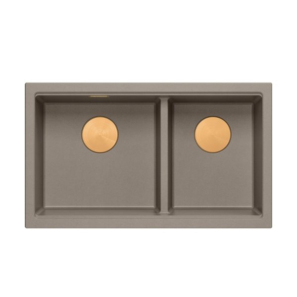 QUADRON | LOGAN 120 | granitowy zlewozmywak kuchenny SOFT TAUPE + MIEDŹ PVD | wymiar: 76 x 45 x 23,5 cm | 2-komorowy wpuszczany | podbudowa szafki od: 80 cm HQL7645U4PVDC1I
