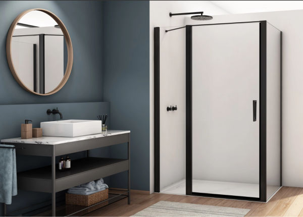 Ronal drzwi wahadłowe jednoczęściowe z elementem stałym w linii 120x200 cm, szkło przezroczyste, profile BLACK LINE czarny mat D22T13070500607