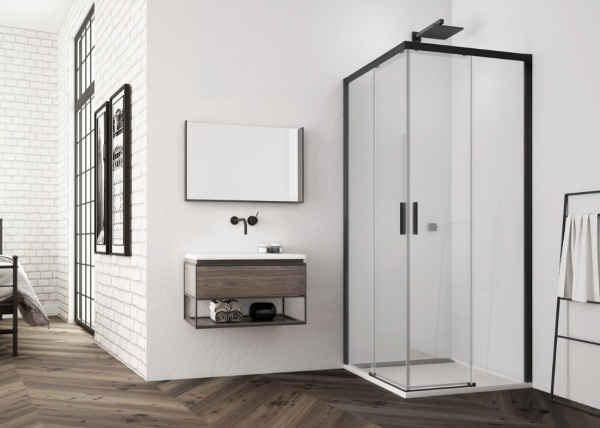 Ronal wejście narożne prawe z drzwiami rozsuwanymi, kabina asymetryczna 120x200 cm, szkło Durlux 200, profile BLACK LINE czarny mat TLSD1200622