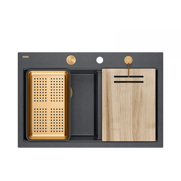 Quadron MARC 120 WORKSTATION GraniteQ zlewozmywak 2-komorowy 760*500*235 mm black diamond + syfon push to open + dozownik + deska + wkładka / elementy miedziane HQC7650U8PVDC1
