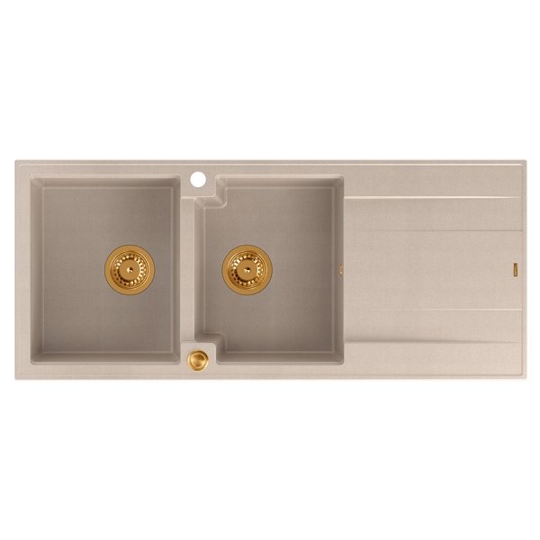 Quadron EVAN 121 GraniteQ zlewozmywak z syfonem Push To Open 2-komorowy z/o (1160x500x210; kom. 420x340) pearl beige / elementy miedziane HQE11650U2PVDC1P2O