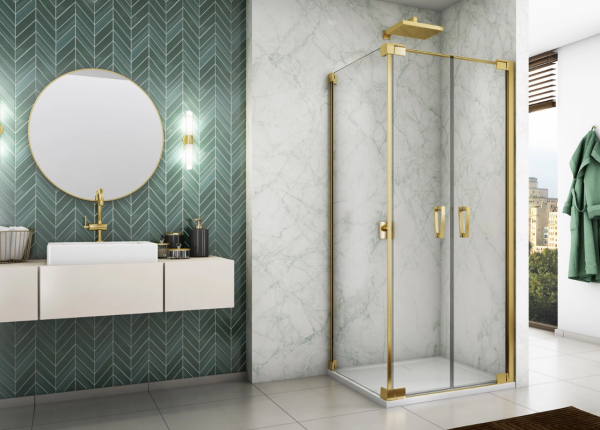 Ronal Sanswiss drzwi wahadłowe dwuczęściowe z profilem przyściennym 60-140x0-200 cm, szkło przezroczyste, profile GOLD LINE złoty CA2CSM11207