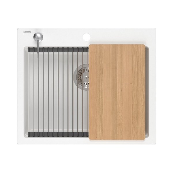 Quadron | KURT 110 | kuchenny zlewozmywak granitowy BIAŁY | wymiary: 59,5 x 50 x 21,5 cm | akcesoria: syfon, dozownik, deska, Qmata, wkładka ociekowa | 1-komorowy wpuszczany | podbudowa szafki: od 60 cm HCQK5052BIK
