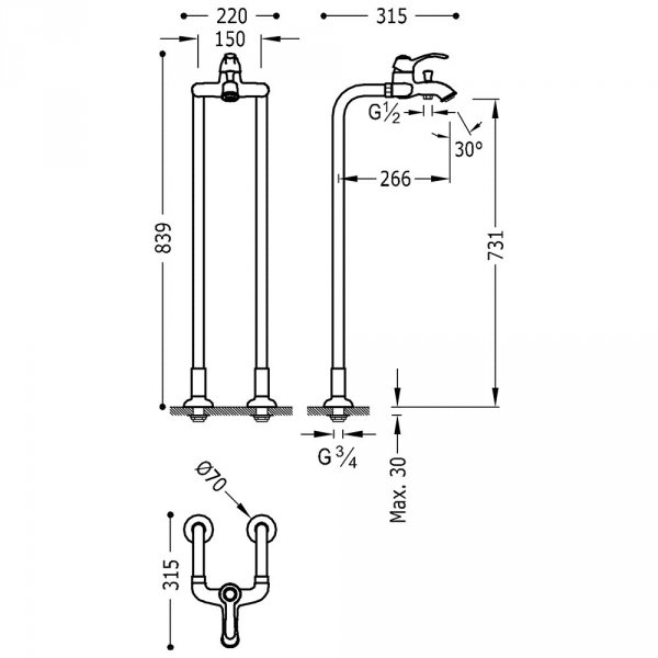 Tres Clasic bateria wannowa wolnostojąca chrom 24219402