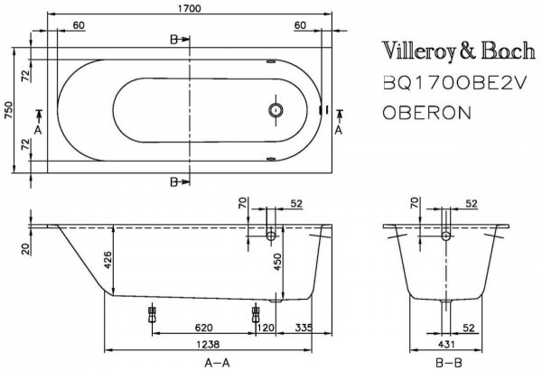 Villeroy &amp; Boch Oberon Wanna prostokątna 170x75 cm biała UBQ170OBE2V01