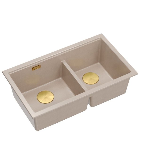 QUADRON | LOGAN 120 | granitowy zlewozmywak kuchenny PEARL BEIGE + ZŁOTO PVD | wymiar: 76 x 45 x 23,5 cm | 2-komorowy podwieszany | podbudowa szafki od: 80 cm HQL7645U2PVDG1U