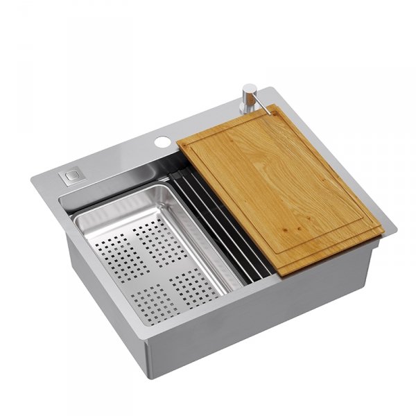 Quadron BURT 100 Workstation SteelQ zlewozmywak 1-komorowy b/o stal szlachetna 580*485 mm + syfon push to open + dozownik stal szcz. + wkładka ociekowa+ Qmata + deska drewniana + nakładka MF5850BS