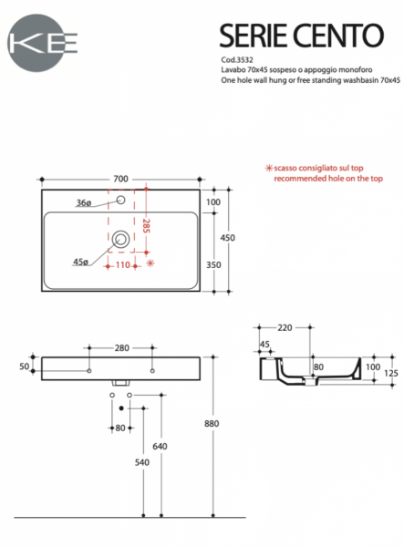 Kerasan 353281 CENTO umywalka 70X45 SOSP/z/o NOCCIOLA
