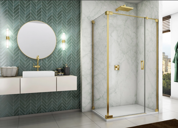 Ronal Sanswiss drzwi wahadłowe jednoczęściowe prawe ze ścianką stałą w linii 80x200 cm, szkło przezroczyste, profile GOLD LINE złoty CA31CD0801207