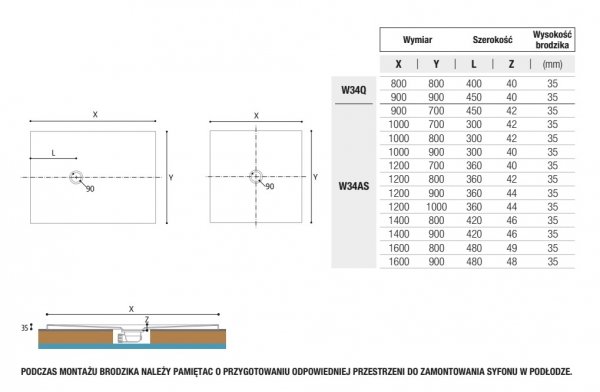 Ronal Planor Brodzik kwadratowy 90x90 cm biały mat W34Q09004
