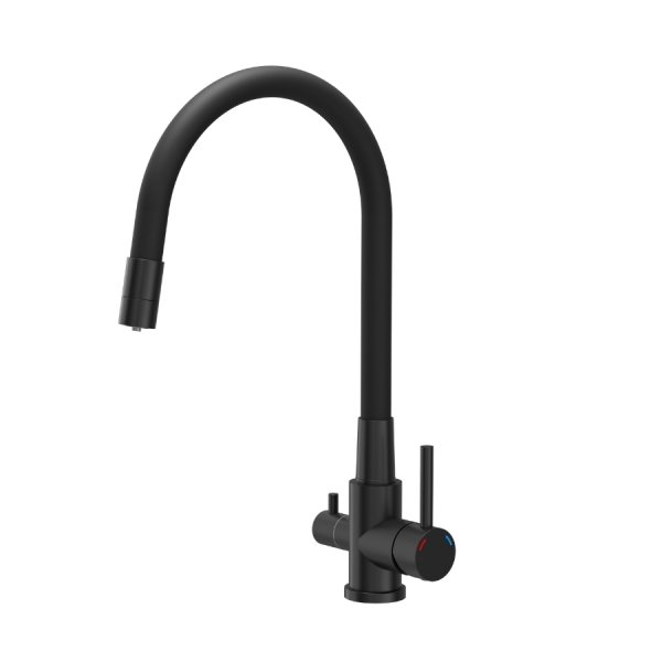 Quadron AGNES SteelQ stalowa bateria kuchenna trójdrożna z elastyczną wylewką, pure carbon 52141BLM