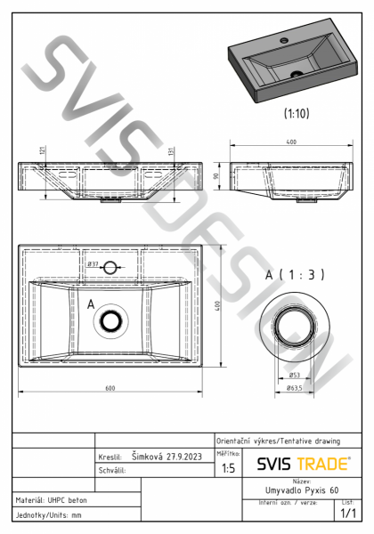 S.V.I.S. Design UMYWALKA 60 CM PYXIS BASIC Z PRZELEWEM, Z OTWOREM NA BATERIĘ - STONE, SZARY, LAKIER MATOWY