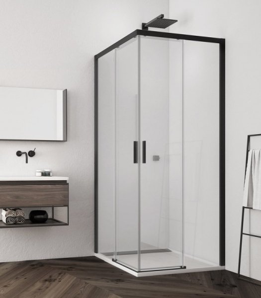 Ronal Top-Line S Black Drzwi prysznicowe przesuwne 90x200 cm prawe profile czarny mat szkło przezroczyste Aquaperle TLSD0900607