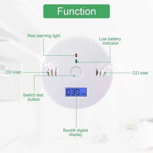 Farrot Detektor bezprzewodowy czujnik gazu CO, wyświetlacz LCD. z syreną alarmową 85dB, baterie 3xAA