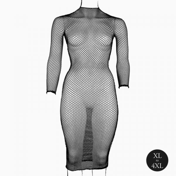 Long dress with fishnet structure and turtle neck.