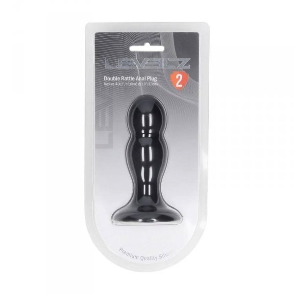 Double Rattle Liquid Silicone Anal Plug - M - Black