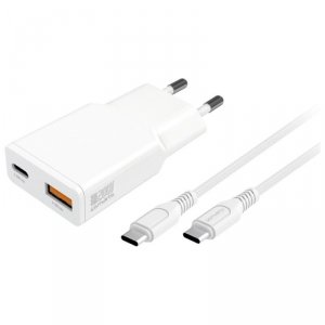 Ładowarka sieciowa PDPlug 20W GaN + USB-C + USB-A + kabel USB-C  1,5m Biała