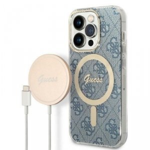 GUESS zestaw do IPHONE 14 Pro kompatybilny z MagSafe GUBPP14LH4EACSB (Bundle Pack / Case + Charger / 4G) złoty niebieski