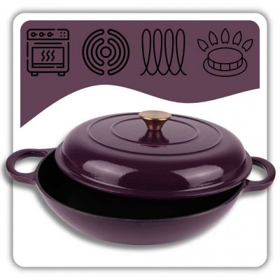 EMALIOWANY GARNEK ŻELIWNY PŁASKI 30cm 3L HAGE EGGPLANT