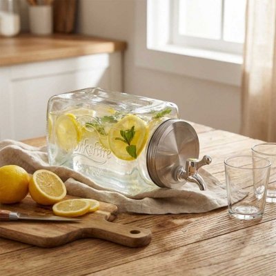 SŁÓJ SZKLANY 3,3l DO NAPOJÓW Z KRANIKIEM PŁASKI DO LODÓWKI 139837