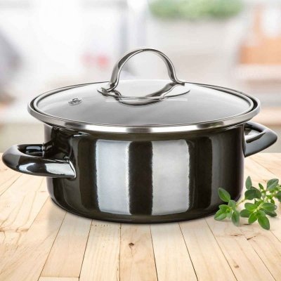 GARNEK EMALIOWANY 18cm 1,3L Z POKRYWĄ BANQUET METALLIC BLACK