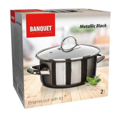 GARNEK EMALIOWANY 20cm 2L Z POKRYWĄ BANQUET METALLIC BLACK